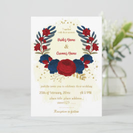 Invitation rouge & bleu marine fleurs or feuille mariage