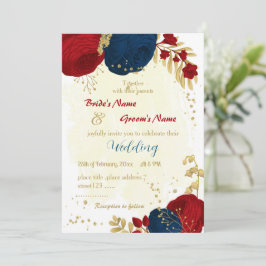 Invitation rouge & bleu marine fleurs or feuille mariage