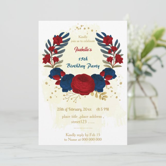Invitation rouge & bleu marine fleurs or feuilles anniversair (Debout devant)