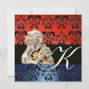 INVITATION ROUGE BLEU, NOIR, BLANC DAMAS JEWEL MONOGRAMME