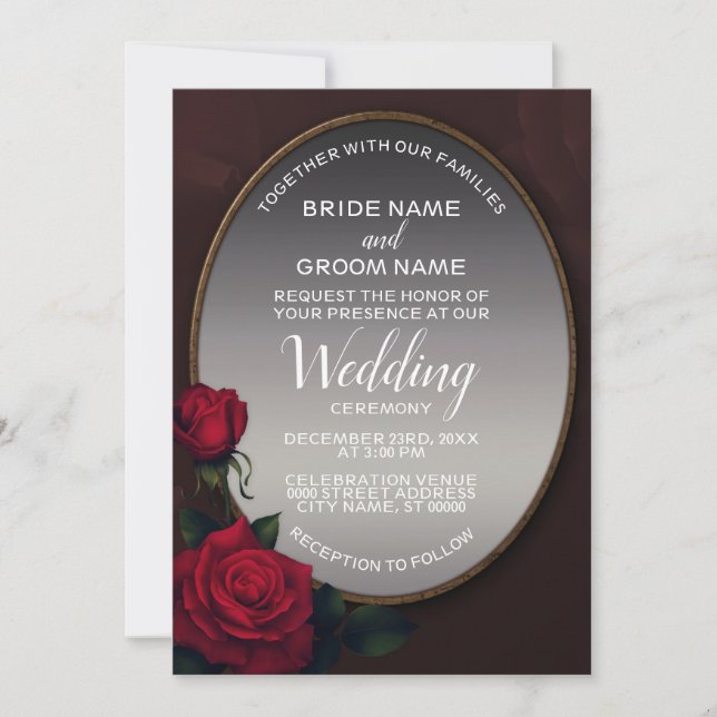 Invitation Rouge Blush Floral Silver Grey Mariage miroir (Devant)