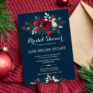Invitation Rouge bordeaux marine bleu hiver fleuri nuptiale