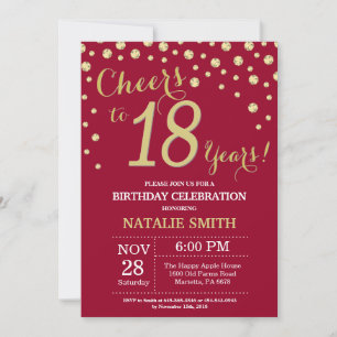 Invitation Rouge Bourgogne et Or Diamant 18e Anniversaire