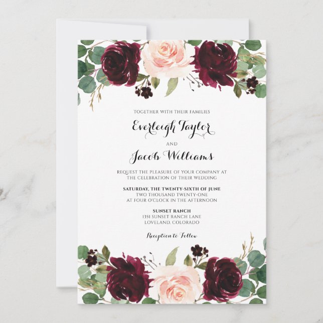 Invitation Rouge Bourgogne Fard Rosé Floral Eucalyptus Mariag (Devant)