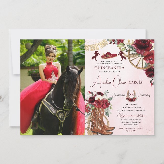 Invitation Rouge Bourgogne Floral Charro Cowgirl Quinceanera (Devant)
