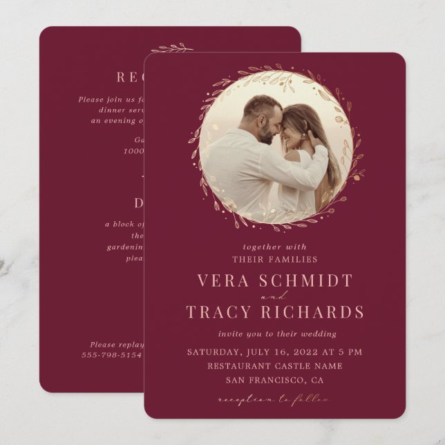 Invitation  Rouge Bourgogne Or Tout en un Photo Mariage Rsvp (Devant / Derrière)