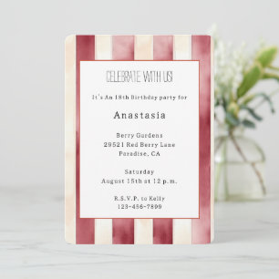 Invitation Rouge Bourgogne Rayures Crème Anniversaire