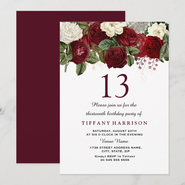 Invitation Rouge Bourgogne Rose blanche 13e anniversaire Invi (Devant / Derrière)