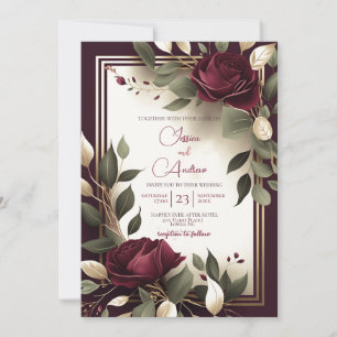 Invitation Rouge Bourgogne Rose Fleurie Or Faux Luxe Mariage