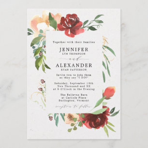 Invitation Rouge Bourgogne vert Eucalyptus Mariage floral