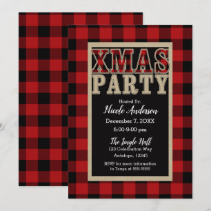 Invitation Rouge Buffle Carreaux Rustique NOËL Fête de Noël