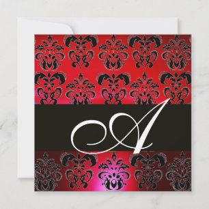 Invitation ROUGE BURGUNDY BLACK DAMASK MONOGRAM, rubis blanc