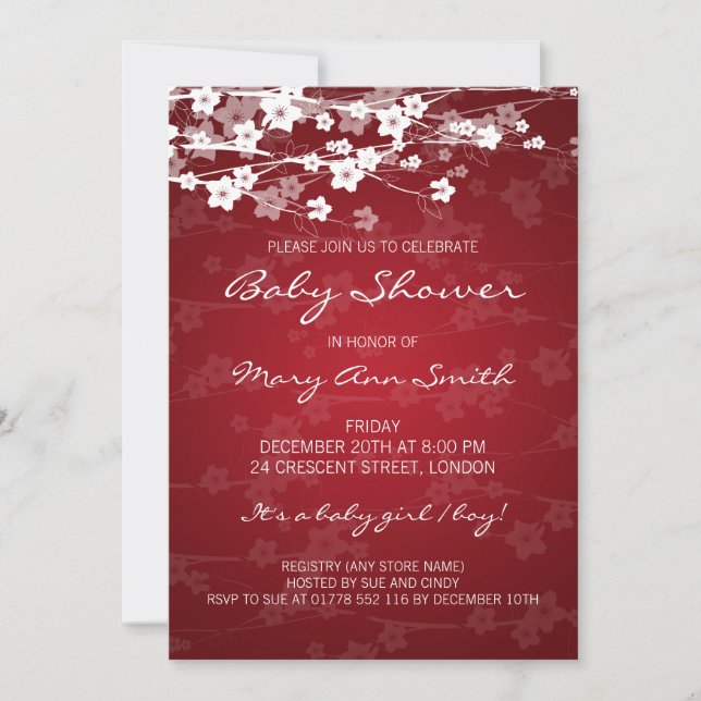Invitation Rouge cerisier en fleurs de Baby shower 5x7 (Devant)