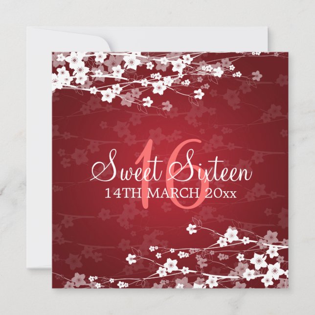 Invitation Rouge cerisier en fleurs Sweet sixteen (Devant)