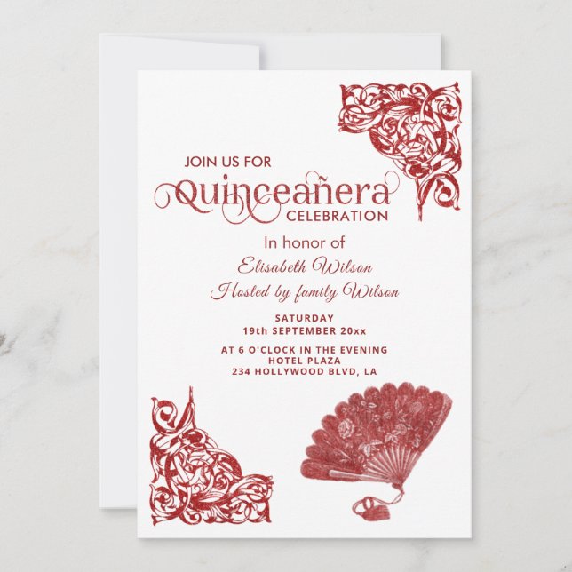 Invitation Rouge Chic éventail main roses romantique Quinceañ (Devant)