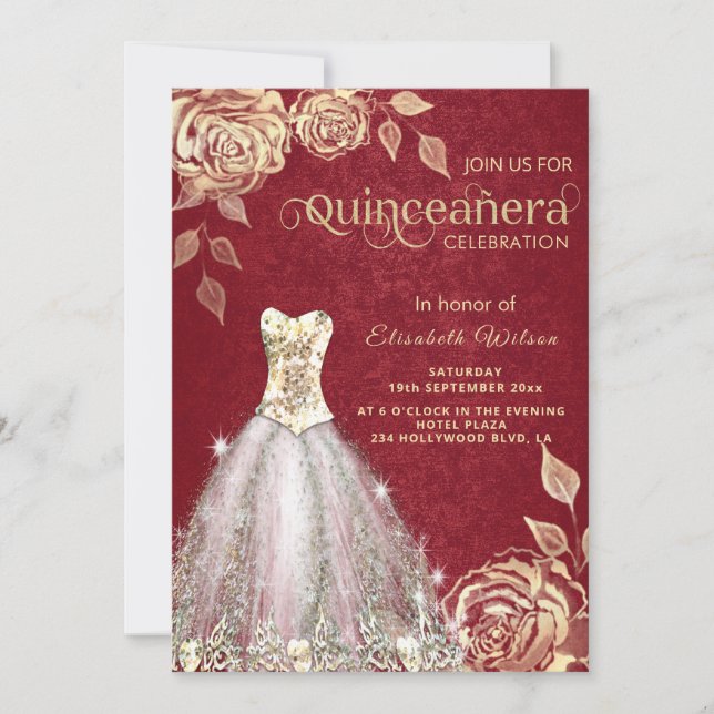 Invitation Rouge chic rose or robe tendance Quinceañera (Devant)