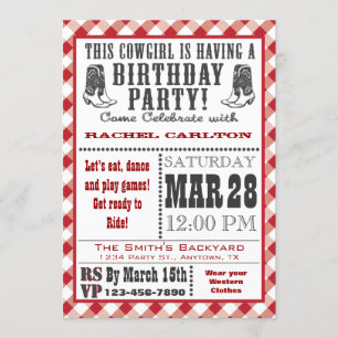 Invitation rouge d'anniversaire de cow-girl