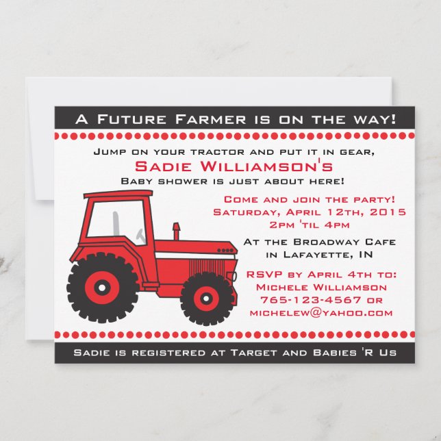 Invitation rouge de baby shower de tracteur (Devant)