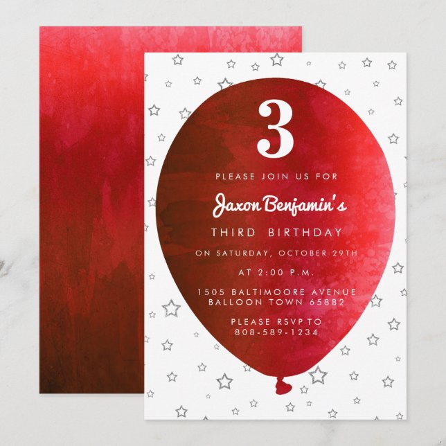 Invitation rouge de fête d'anniversaire de ballon (Devant / Derrière)