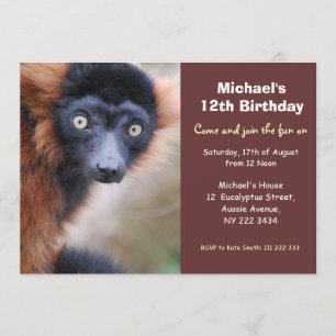 Invitation rouge de fête d'anniversaire de lémur