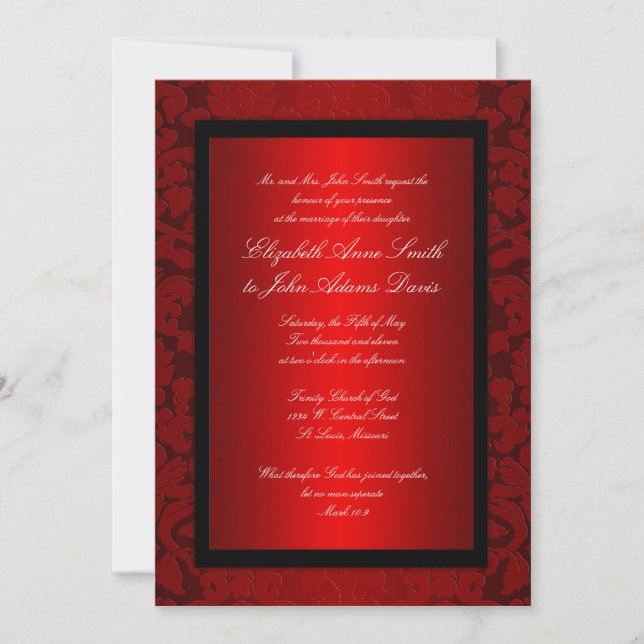 Invitation rouge de mariage damassé d'aluminium (Devant)