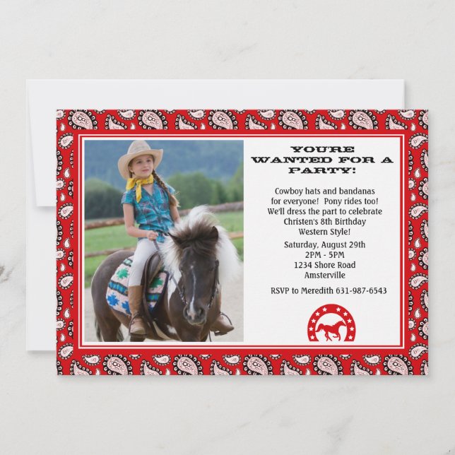 Invitation rouge de photo de Bandana de cowboy (Devant)