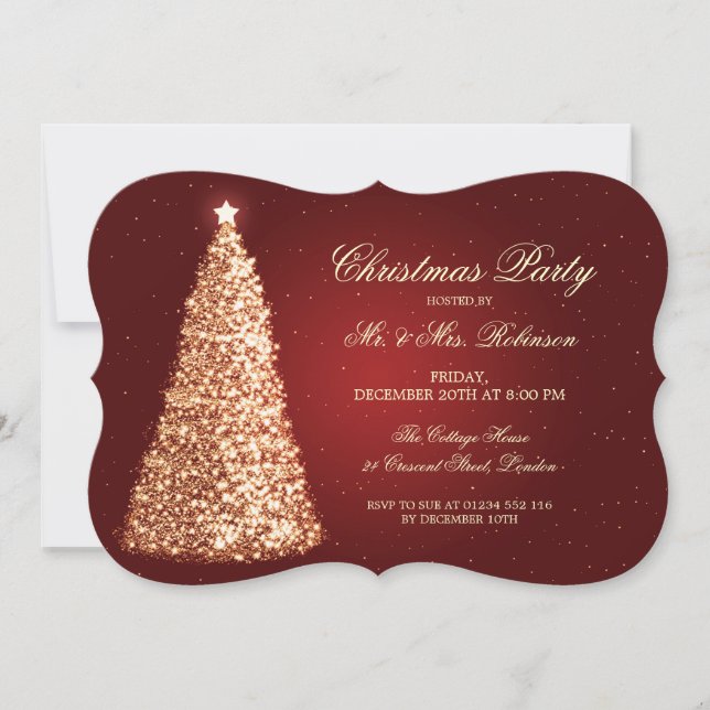 Invitation Rouge élégant d'arbre de Noël d'or de fête de (Devant)