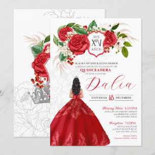 Invitation Rouge Elégant Rose Floral Crest Formal Quinceañera
