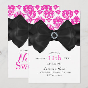 Invitation Rouge et blanc Damas Noir Bow Glam Sweet 16 Party
