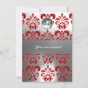 INVITATION ROUGE ET BLANC DAMASSÉ PIERRE GEMME MONOGRAMME