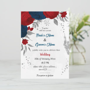 Invitation rouge et bleu marine fleurs argent feuille mariage