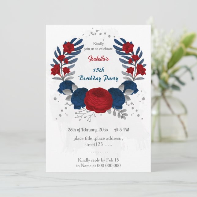 Invitation rouge et bleu marine fleurs argent feuilles annive (Debout devant)