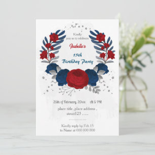 Invitation rouge et bleu marine fleurs argent feuilles annive