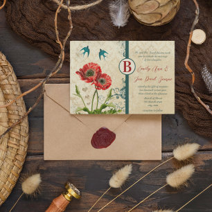 Invitation Rouge et bleu Turquoise Inséparables Damask Mariag