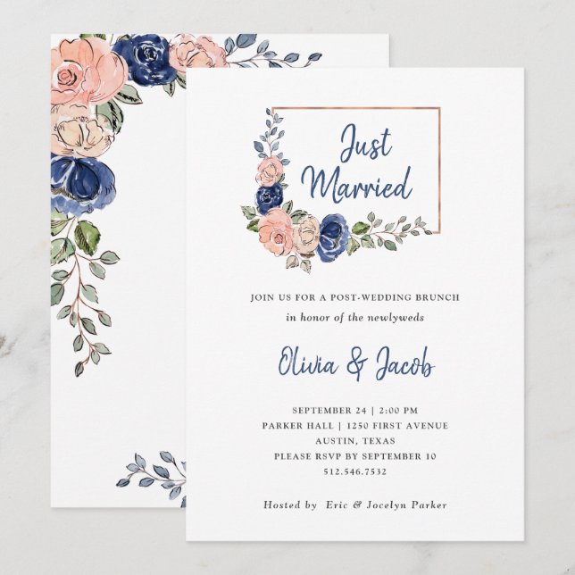 Invitation Rouge et floral géométrique marine | Tout juste ma (Devant / Derrière)