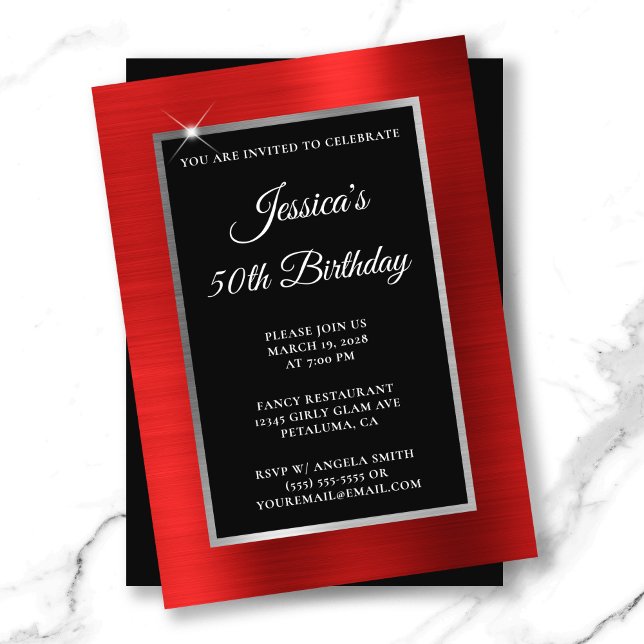 Invitation Rouge et huile d'argent Noir 50e anniversaire (Red and Silver Foil Black 50th Birthday Invitation)