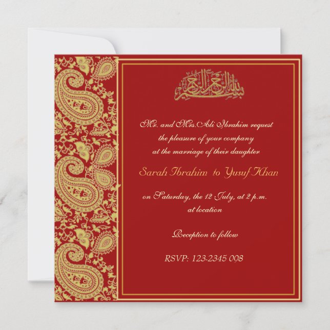 Invitation Rouge et mariage musulman d'or (Devant)