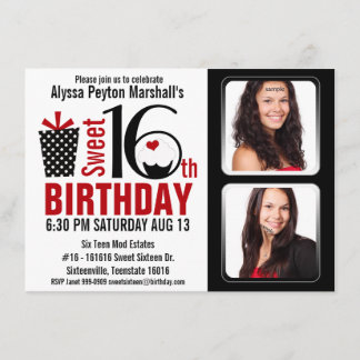 Invitation Rouge et noir 2 Photos Sweet 16 Party