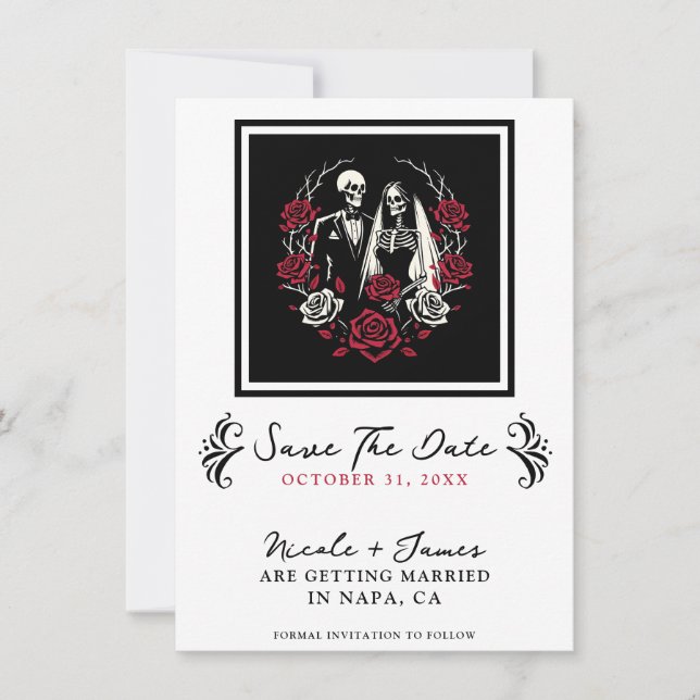 Invitation Rouge et noir blanc Rose squelette Enregistrer la  (Devant)