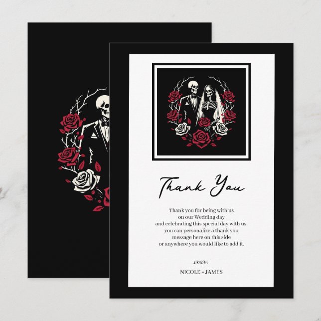 Invitation Rouge et noir blanc Rose Squelette Mariage Merci (Devant / Derrière)