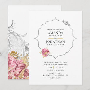 Invitation Rouge et Or et Fleurs Argentées Diamant Mariage