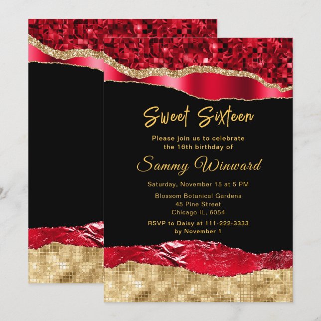 Invitation Rouge et or Larmes à Glam Sweet sixteen (Devant / Derrière)