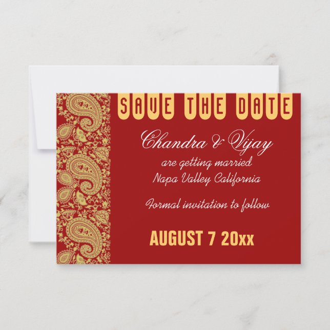 Invitation Rouge et or paisley Économisez la date mariage (Devant)