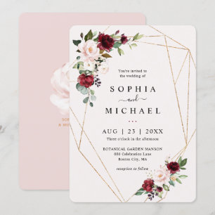 Invitation Rouge et vin floral géométrique or forme mariage