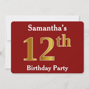 Invitation Rouge, Faux Gold 12e fête d'anniversaire + Nom per