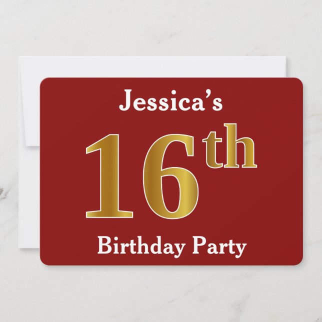 Invitation Rouge, Faux Gold 16e fête d'anniversaire + Nom per (Devant)