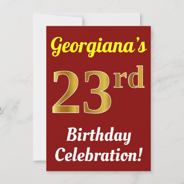 Invitation Rouge, Faux Gold 23ème anniversaire Fête + Nom (Devant)
