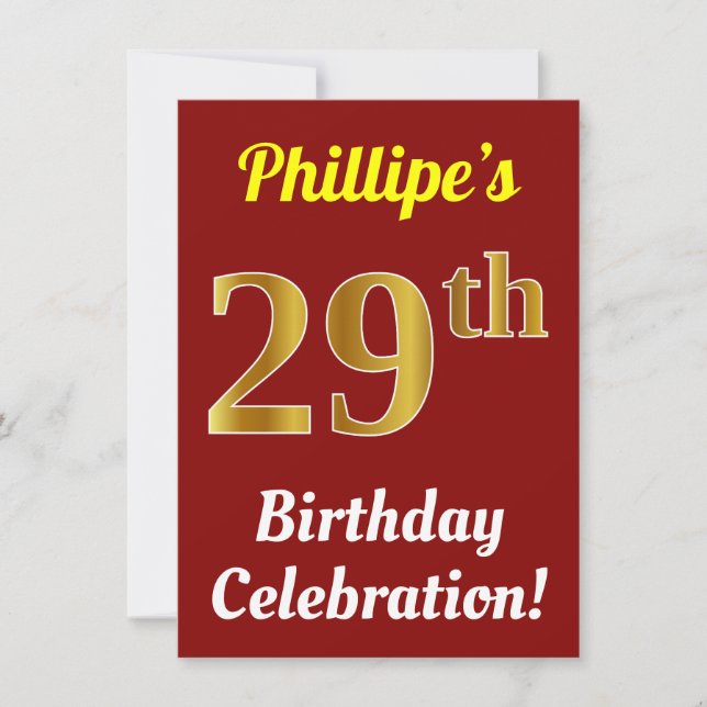 Invitation Rouge, Faux Gold 29e anniversaire Célébration + No (Devant)