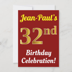 Invitation Rouge, Faux Gold 32e fête d'anniversaire + Nom