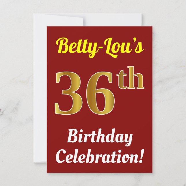 Invitation Rouge, Faux Gold 36e anniversaire Célébration + No (Devant)